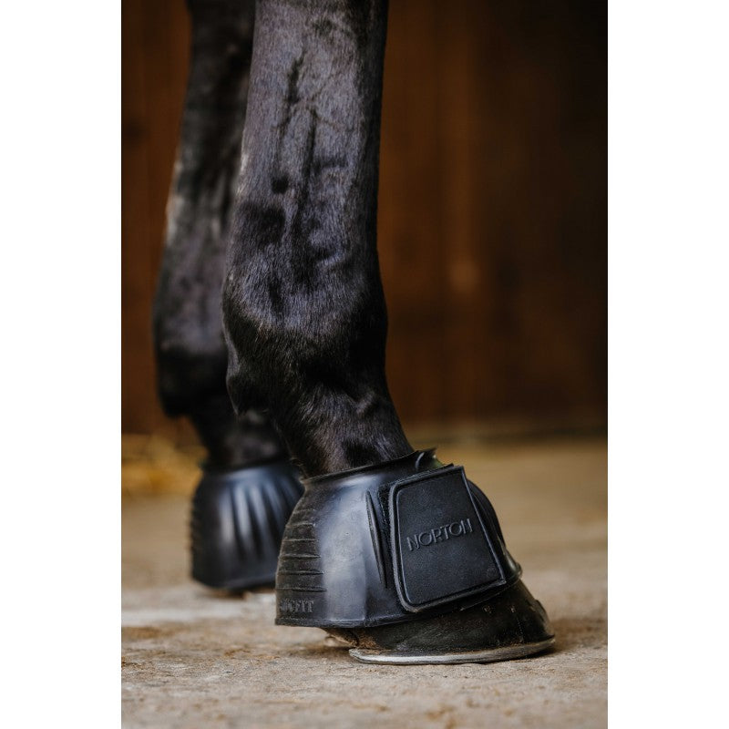 Horse wearing black protective boots on a wooden floor