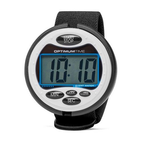 Digital watch with black strap and white face on a white background