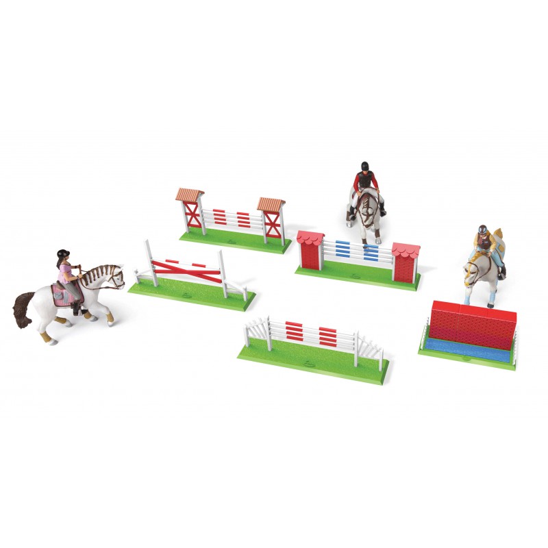 A set of miniature equestrian toy figures and jumping obstacles on a plain white background. The set includes several small horses with riders in riding attire and multiple colorful jumps and fences in red, white, green, blue, and brown.
