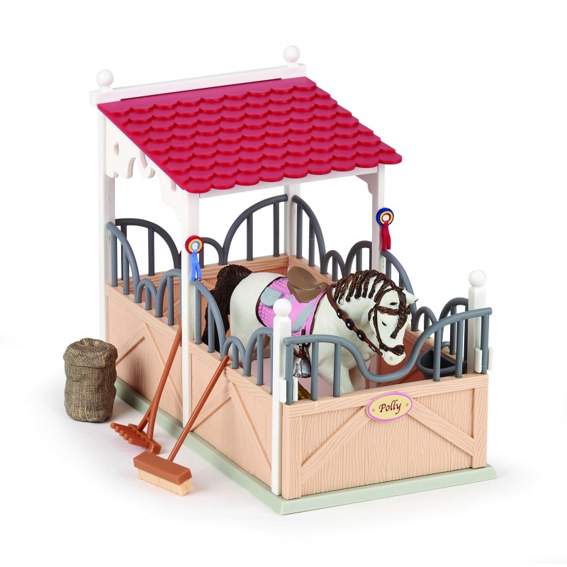 Toy stable with a horse inside on a white background