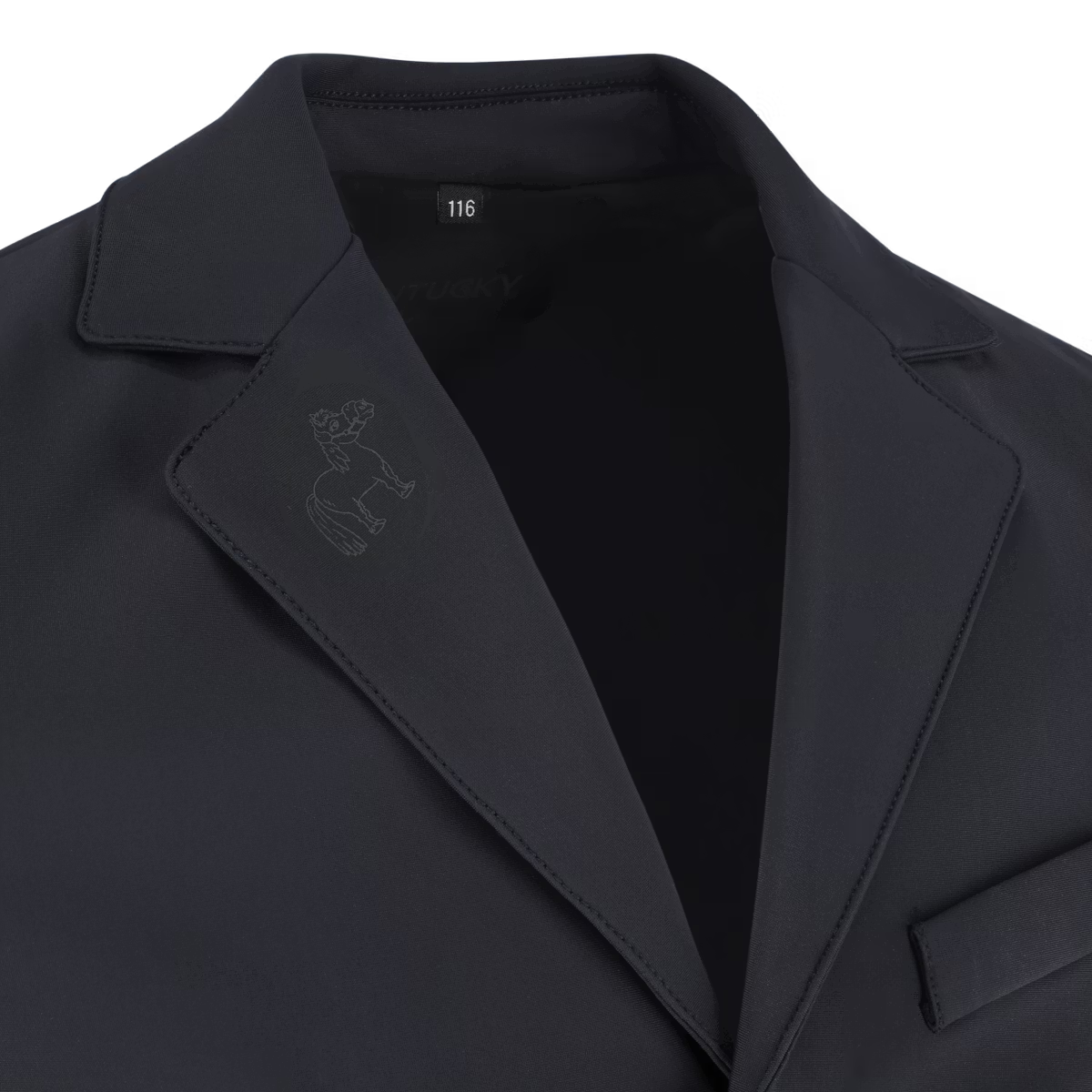 Black coat with a brand logo on the chest against a white background