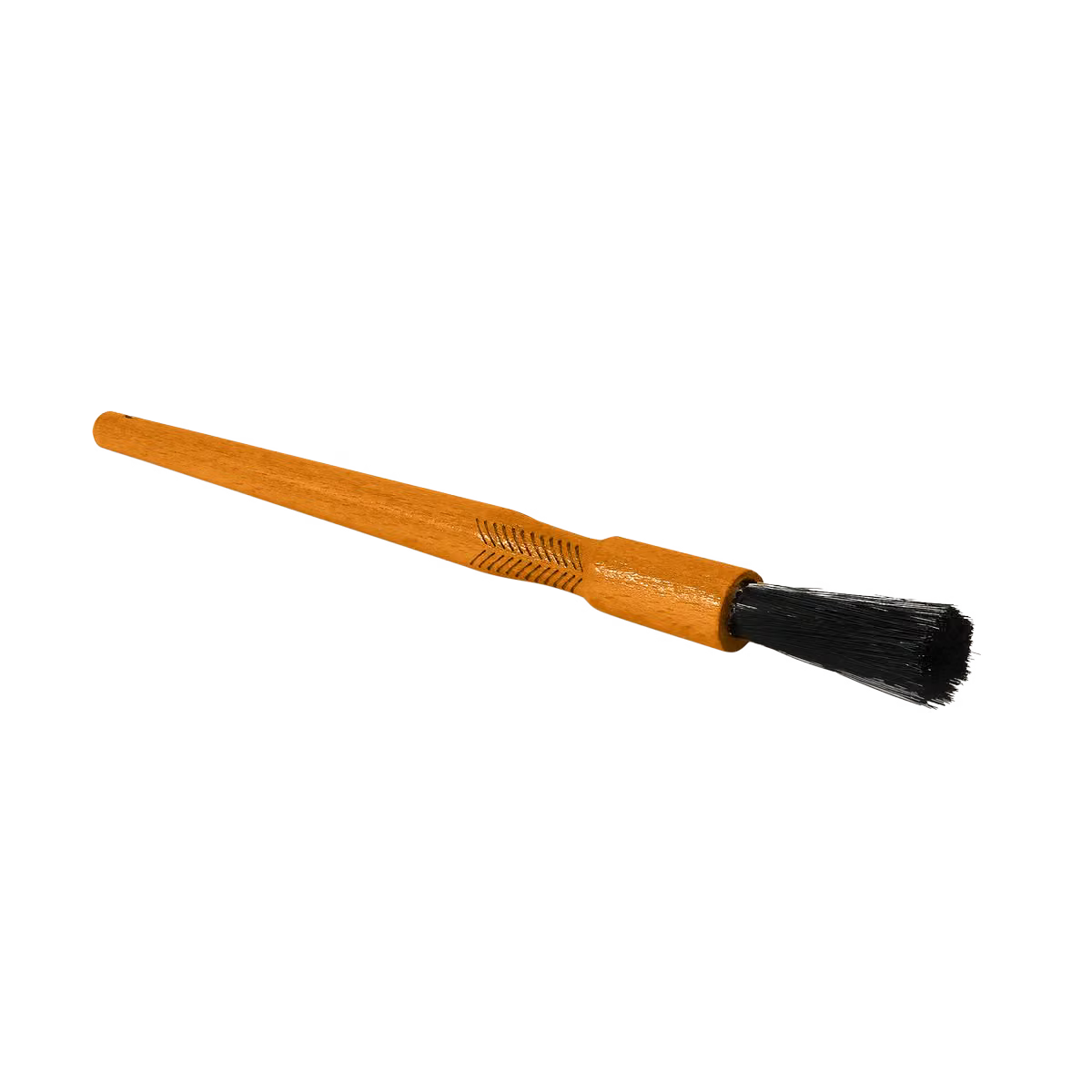 A long-handled cleaning brush with a textured orange handle and black bristles, shown diagonally on a plain white background.