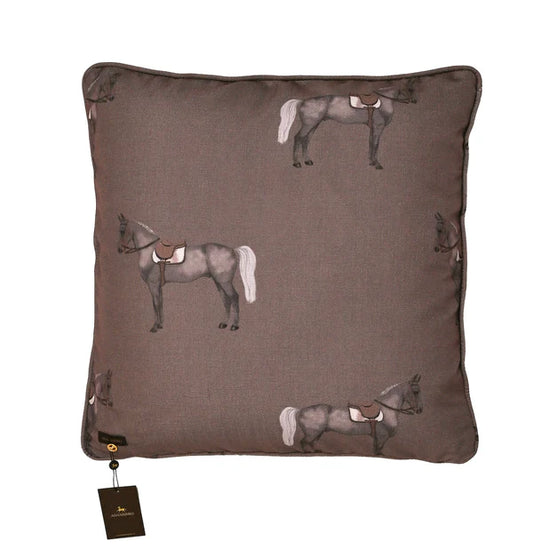 Decorative pillow with horse pattern on a brown background