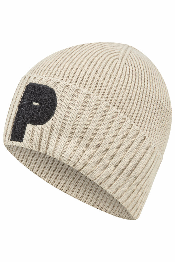 Beige knit beanie with a black 'P' logo on a white background