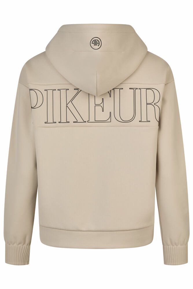 Beige hoodie with 'PIKEUR' branding on the back against a white background