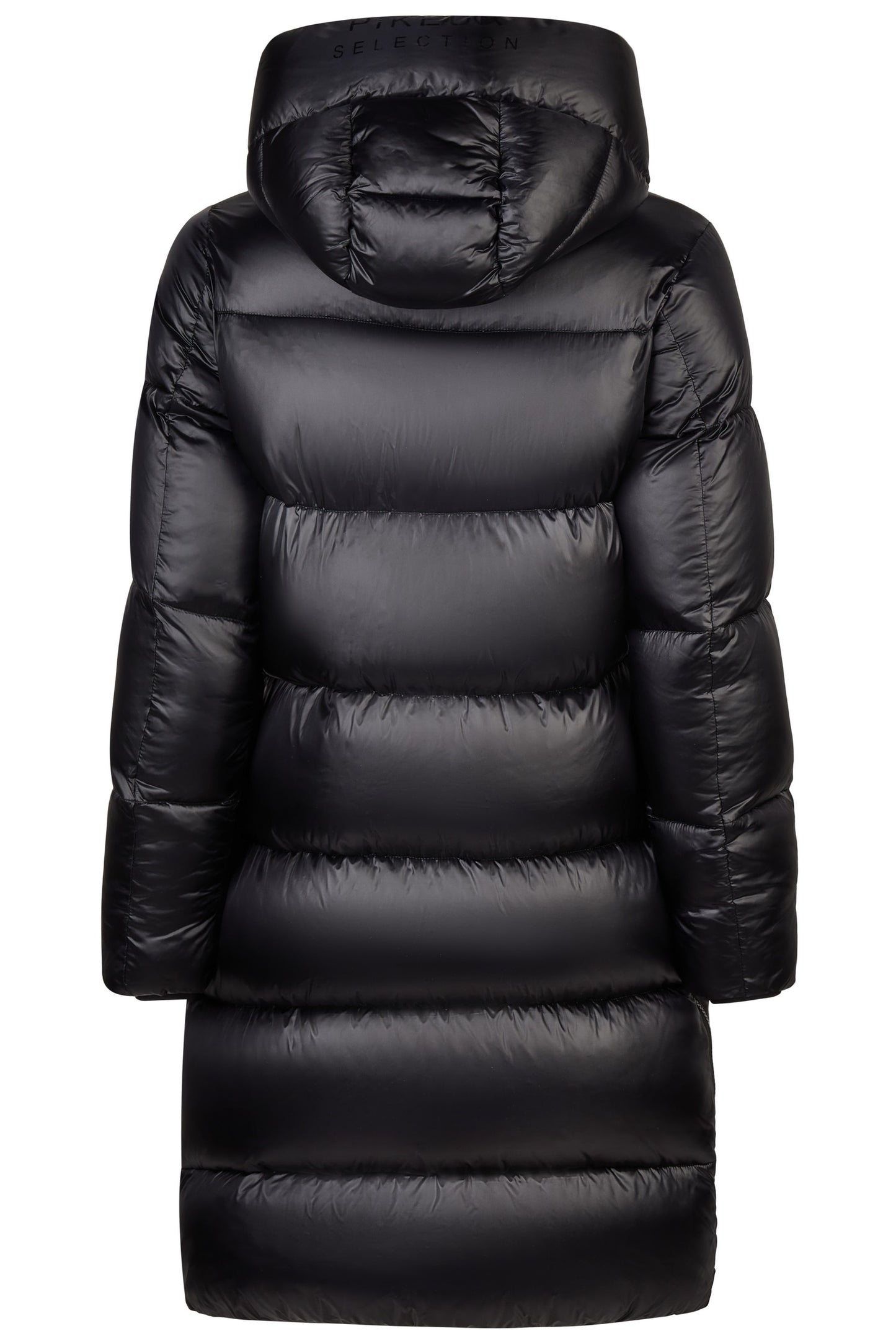Black puffer coat with a hood on a white background