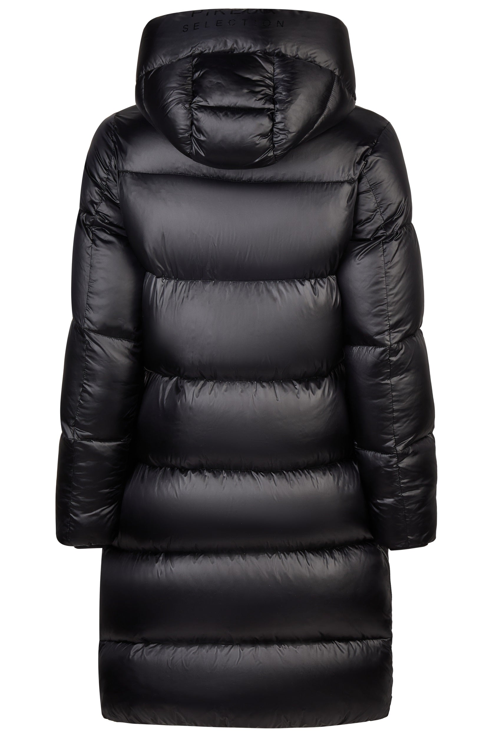 Black puffer coat with a hood on a white background