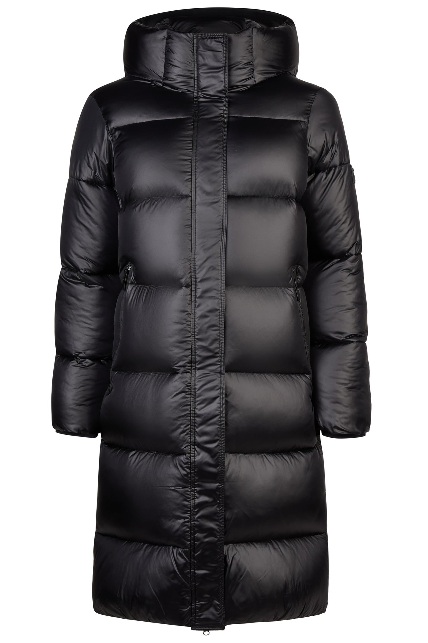 Black puffer coat on a white background