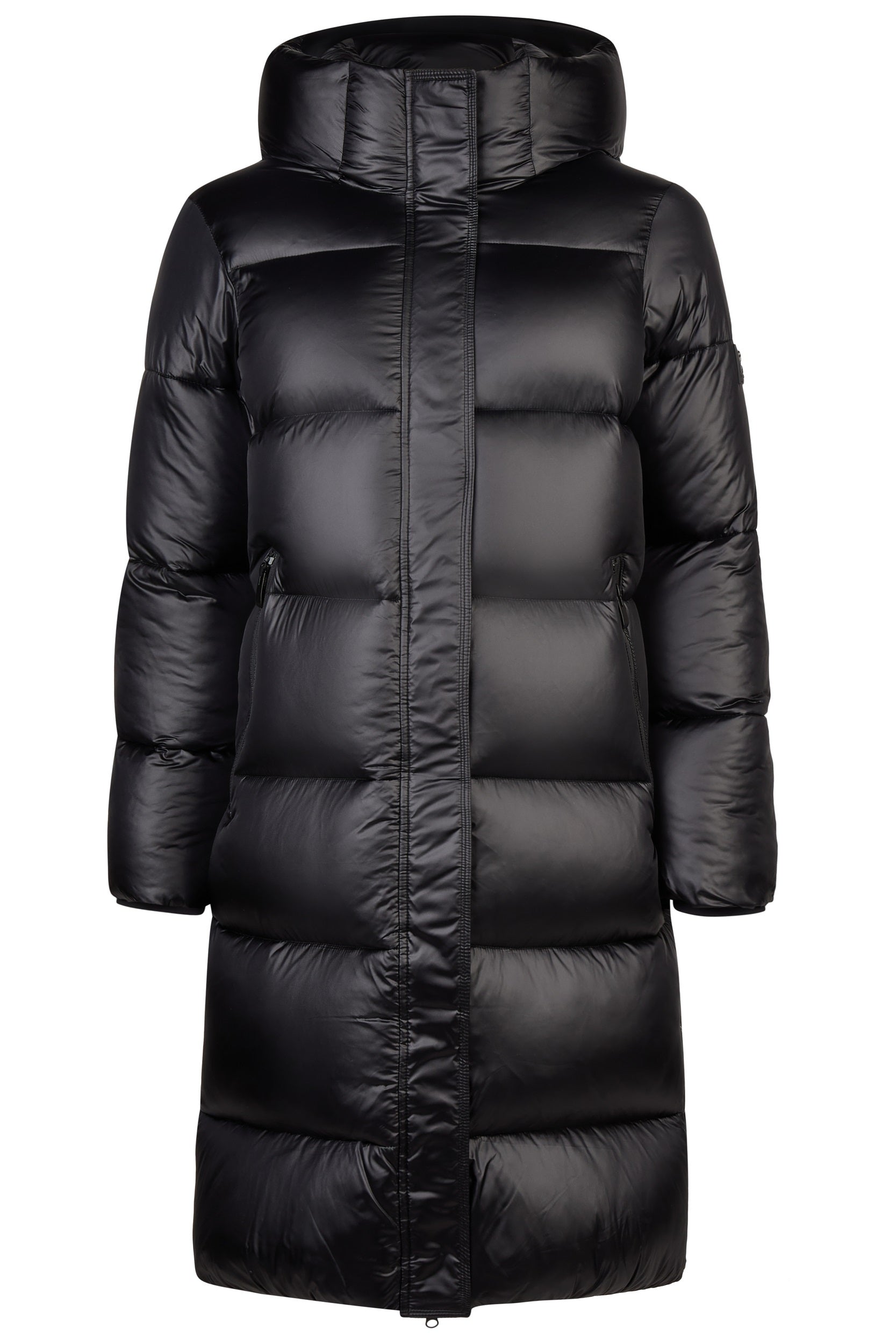 Black puffer coat on a white background