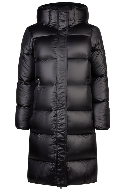 Black puffer coat on a white background