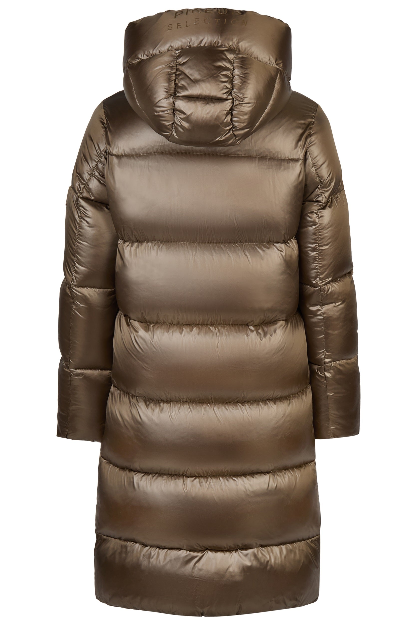 Brown puffer coat with a hood on a white background
