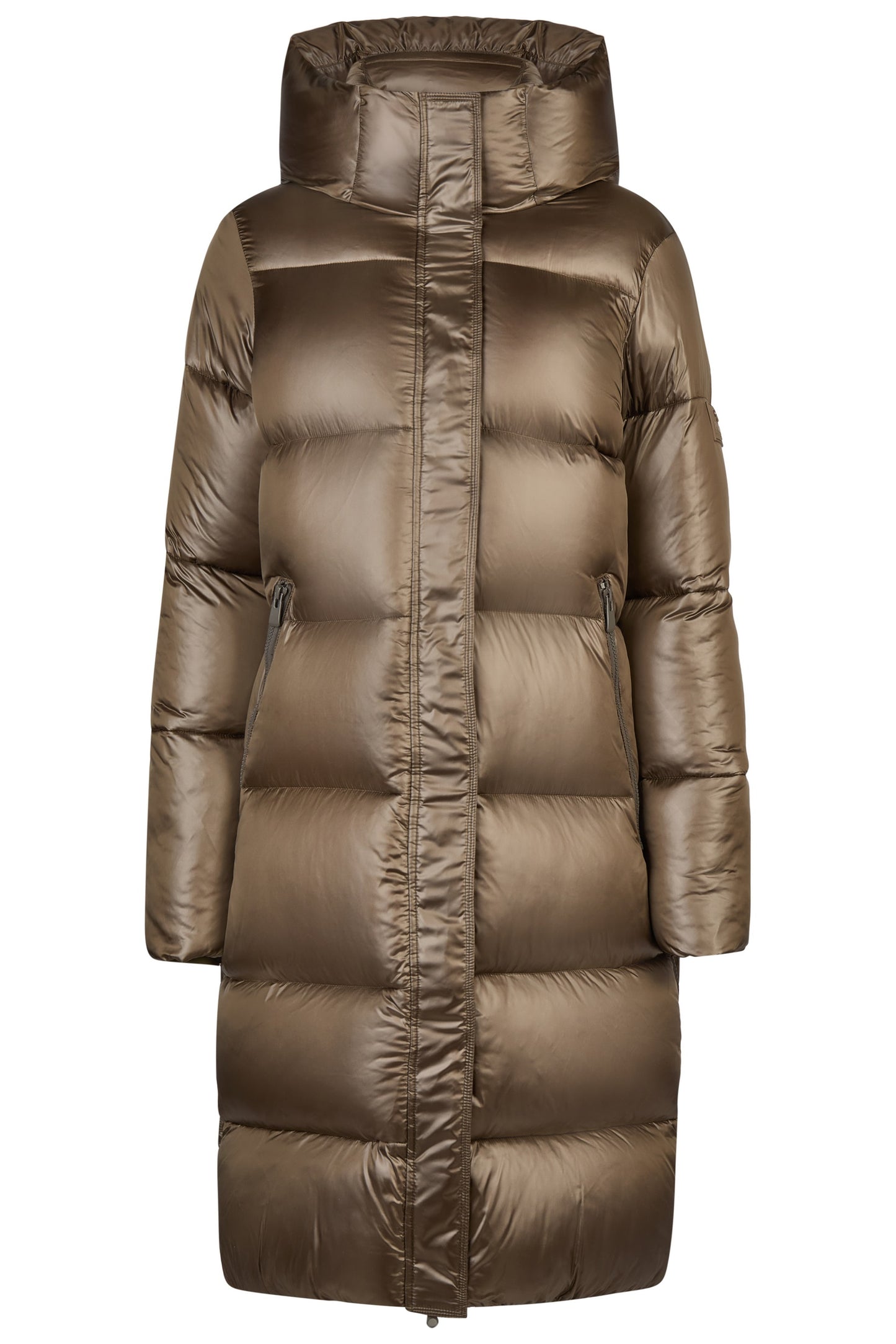 Brown puffer coat with a hood on a white background