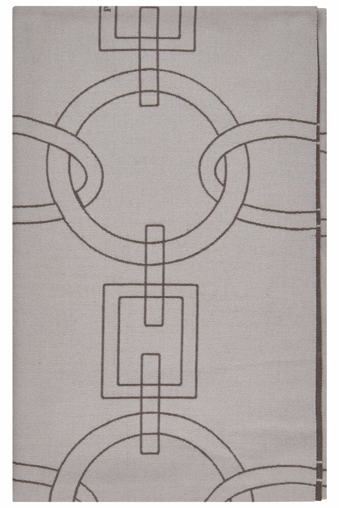 Gray area rug with geometric pattern on a white background