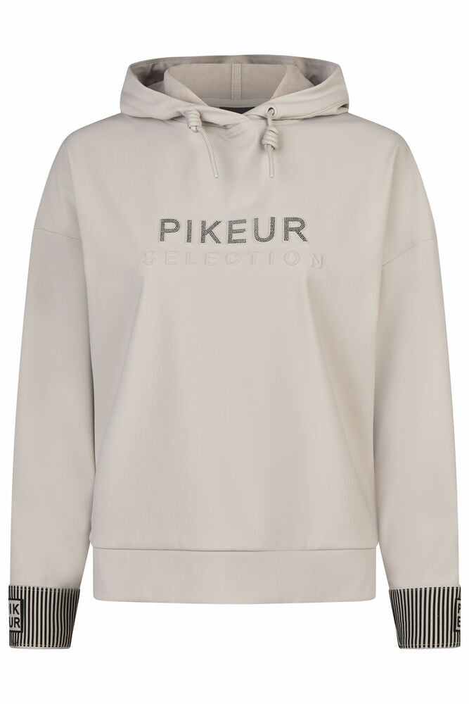 Beige hoodie with 'PIKEUR' branding on a white background