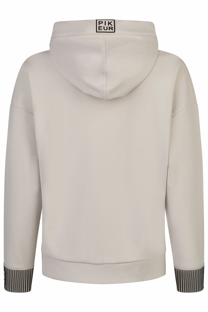 Beige hoodie with black cuffs and hem on a white background