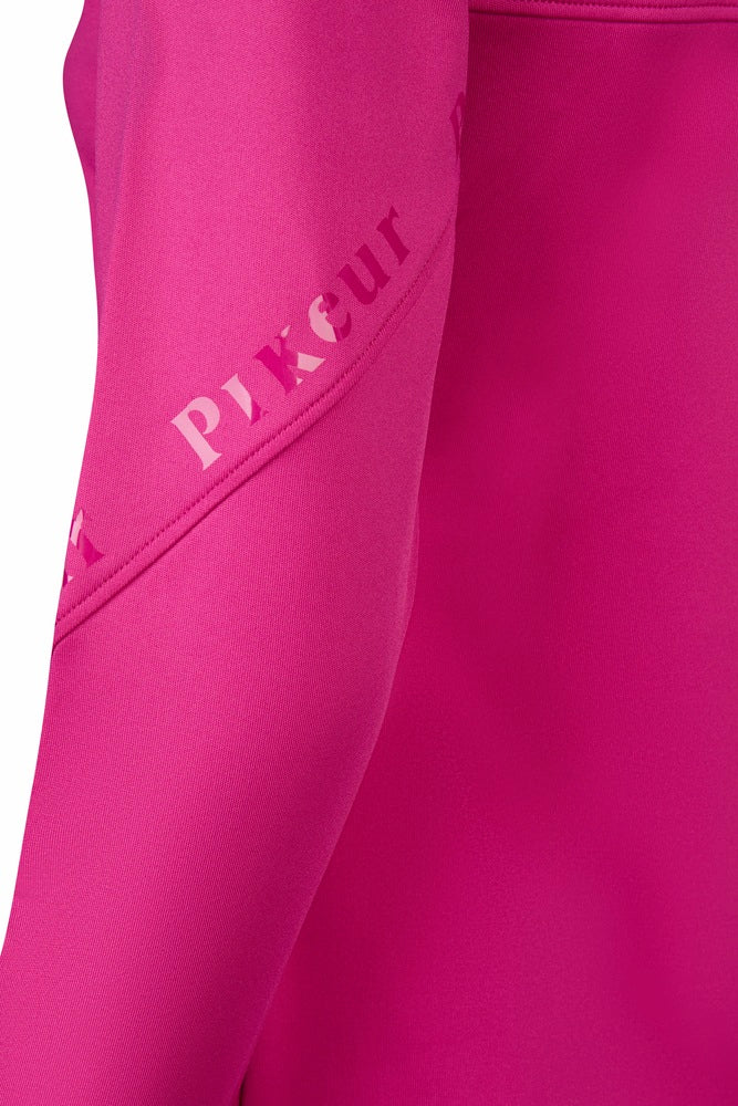 Close-up of pink sleeve with a brand logo on the side.