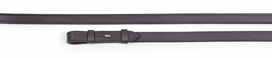 Pair of plain brown leather reins on a white background