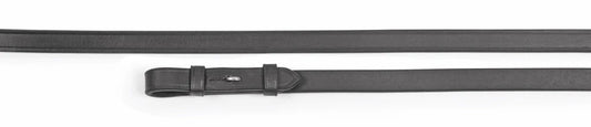 Pair of plain black leather reins on a white background