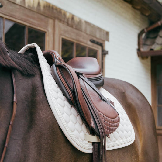 Brown saddle on a horse with a rustic building in the background
