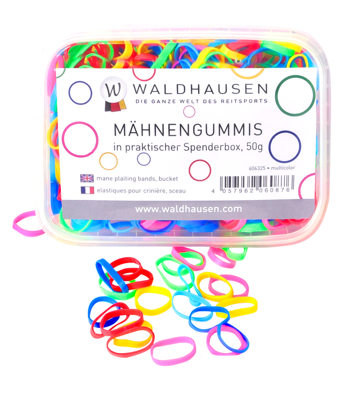 Colorful hair elastics in a Waldhausen container on a white background