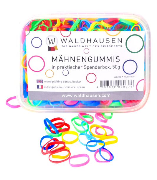 Colorful hair elastics in a Waldhausen container on a white background