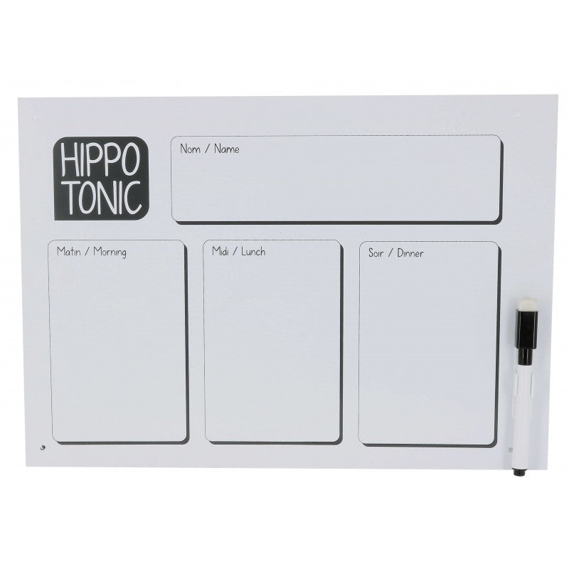 White magnetic board with 'Hippo Tonic' branding and time slots for meals.