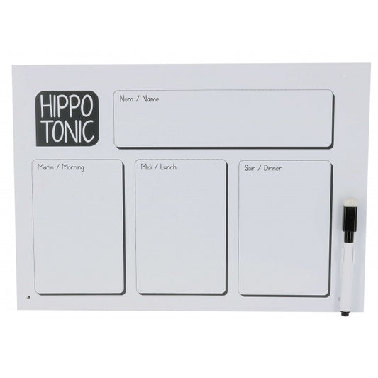 White magnetic board with 'Hippo Tonic' branding and time slots for meals.