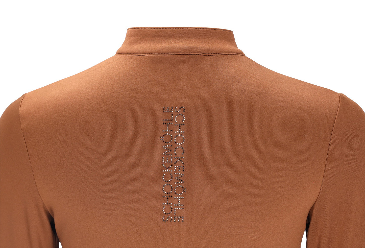 A close-up back view of a long-sleeve turtleneck top in a warm terracotta brown color, featuring a vertical rhinestone-embellished brand name on the center of the back.
