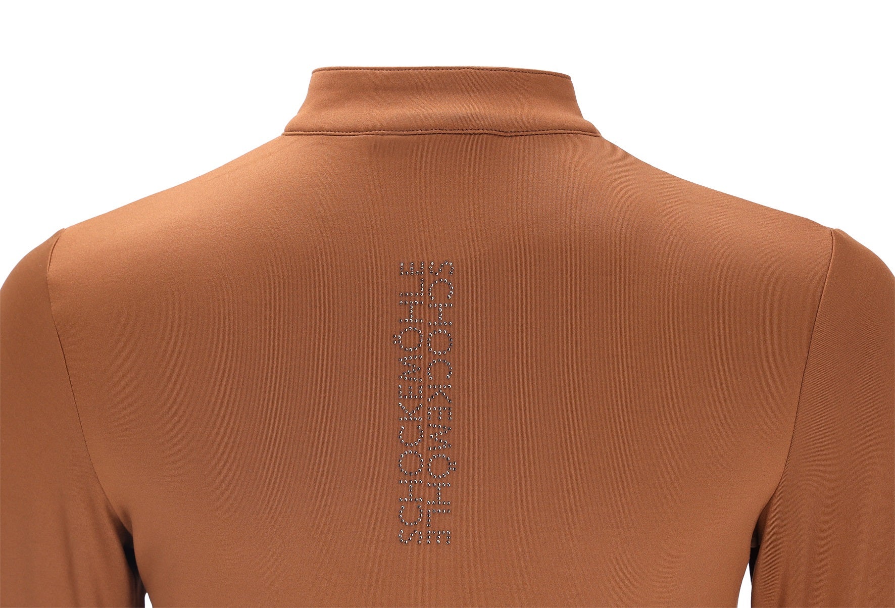 A close-up back view of a long-sleeve turtleneck top in a warm terracotta brown color, featuring a vertical rhinestone-embellished brand name on the center of the back.