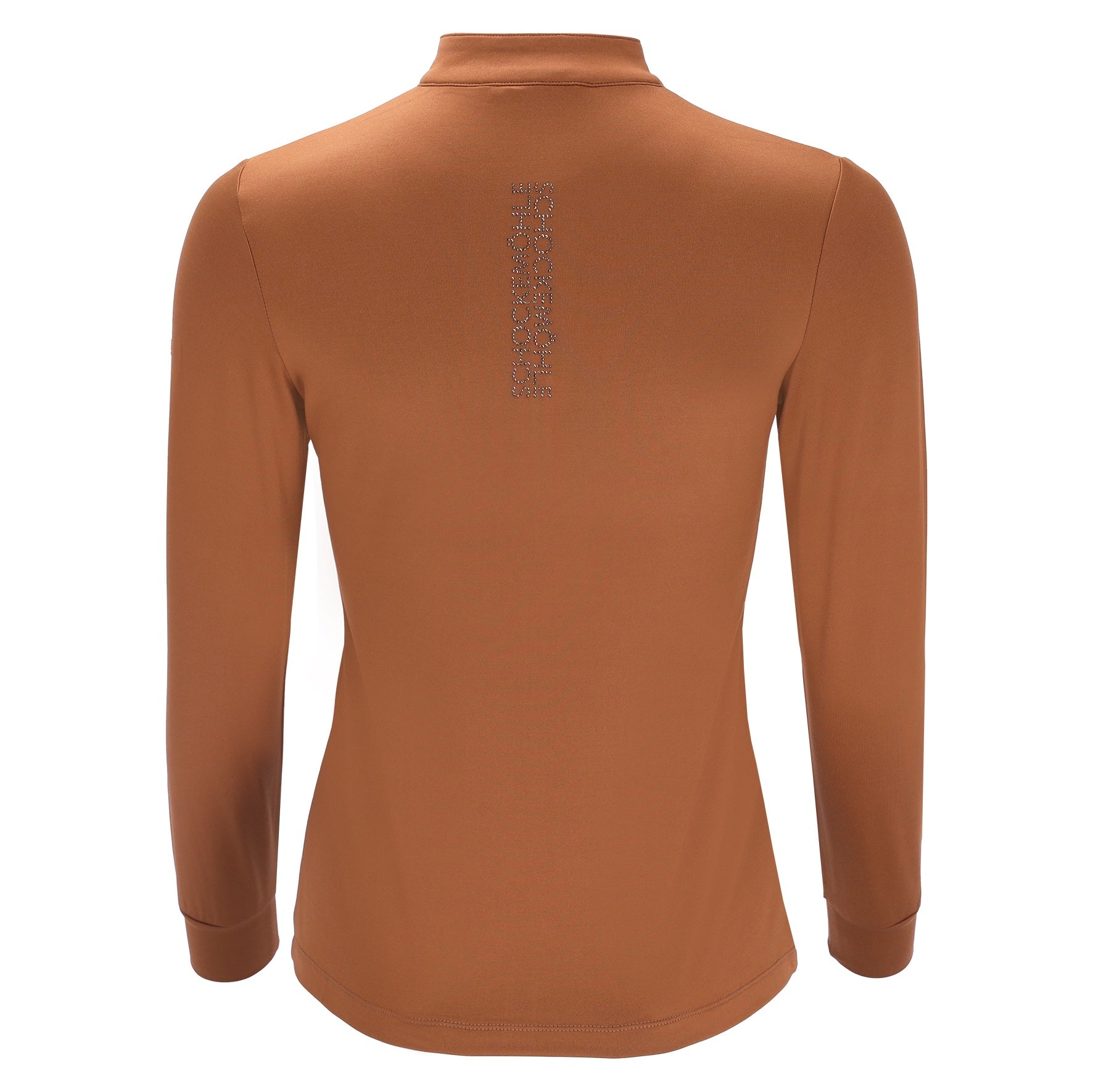 A long-sleeve performance top in a warm rust or terracotta color, shown from the back. It features a mock neck, ribbed cuffs, and a vertical graphic print on the upper back.