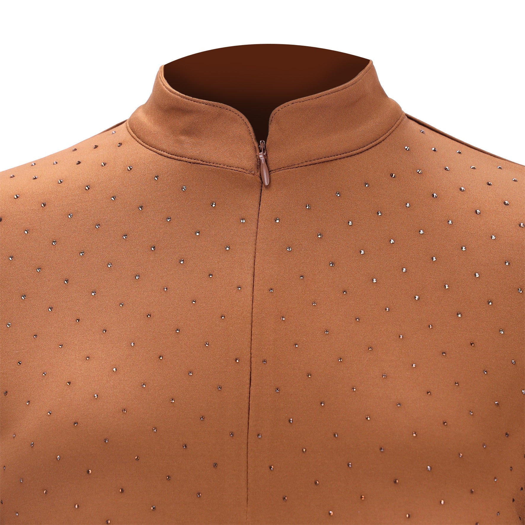 A close-up of a brown mock-neck jacket or tunic with a front zipper and a pattern of small silver studs across the fabric, shown against a plain white background.
