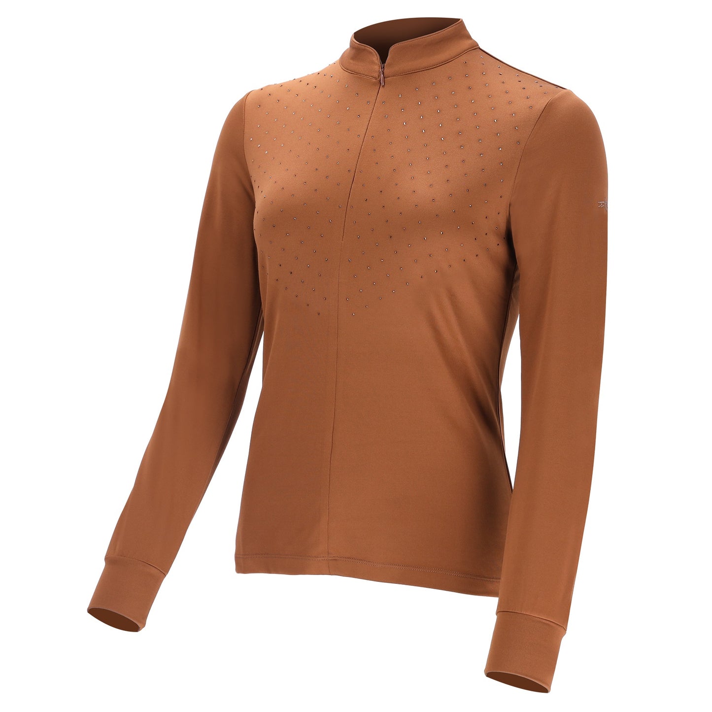A women's long-sleeve quarter-zip athletic top in a warm rust brown color, featuring a subtle perforated pattern on the chest and a stand collar, shown on a plain white background.