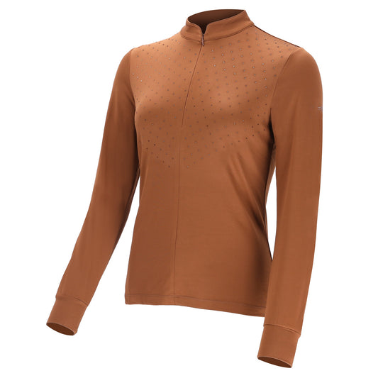 A women's long-sleeve quarter-zip athletic top in a warm rust brown color, featuring a subtle perforated pattern on the chest and a stand collar, shown on a plain white background.