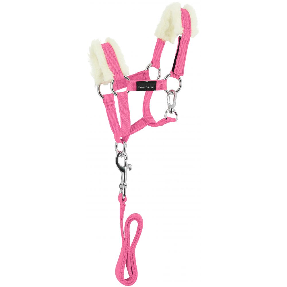 Pink pet halter with cream fleece ear covers and a matching lead rope, shown on a plain white background.