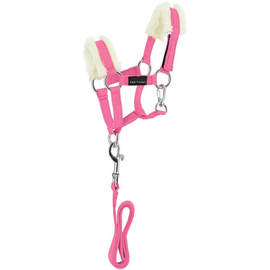 Pink pet halter with cream fleece ear covers and a matching lead rope, shown on a plain white background.