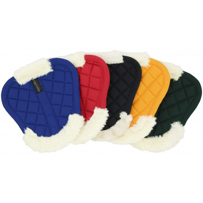 Set of five quilted patches in blue, red, navy, yellow, and green on a white background.