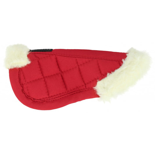 Red half pad with white fur trim on a white background
