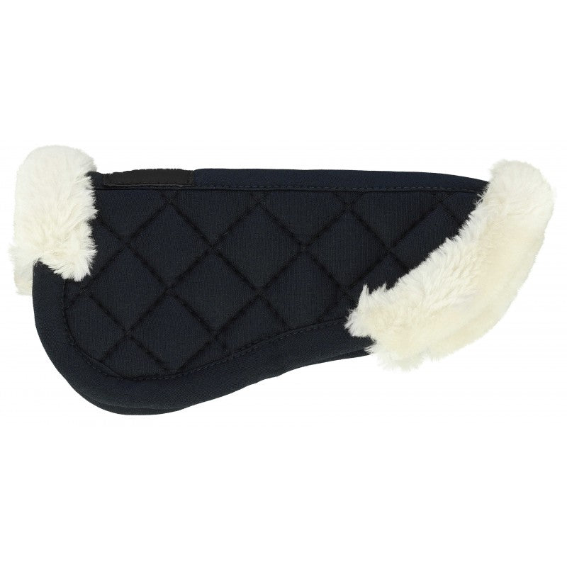 Navy saddle pad with white fur trim on a white background