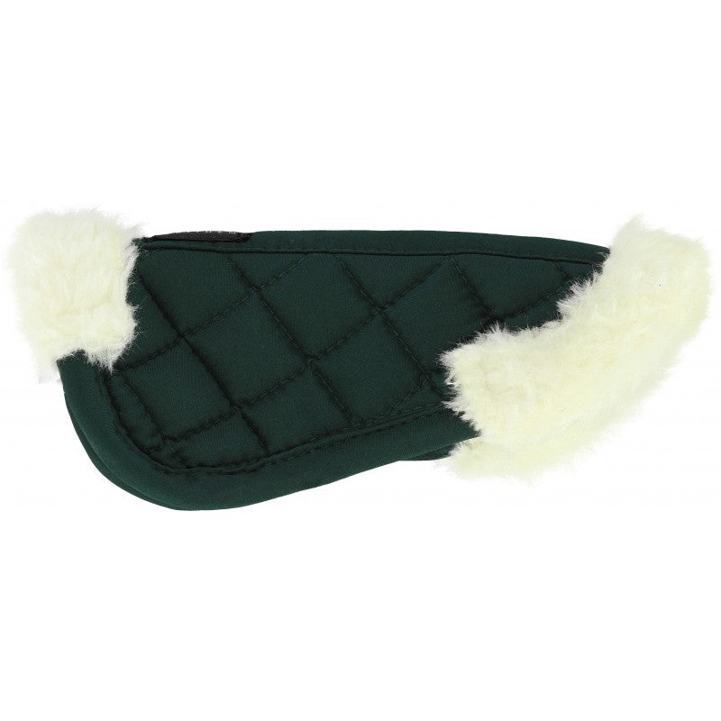 Green saddle pad with white fur trim on a white background