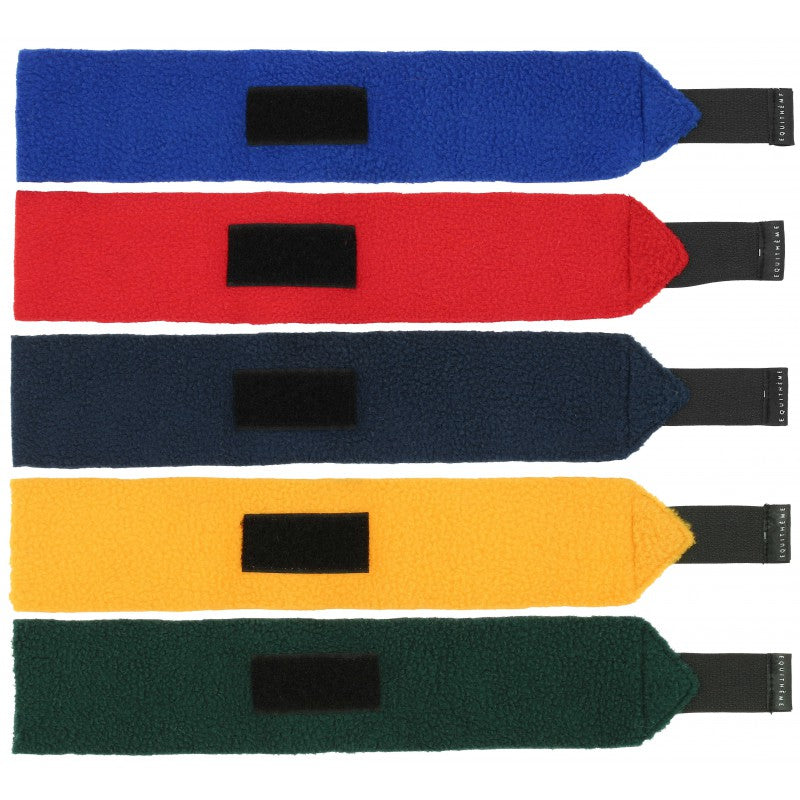 Five colorful equestrian bandages in blue, red, navy, yellow, and green on a white background.