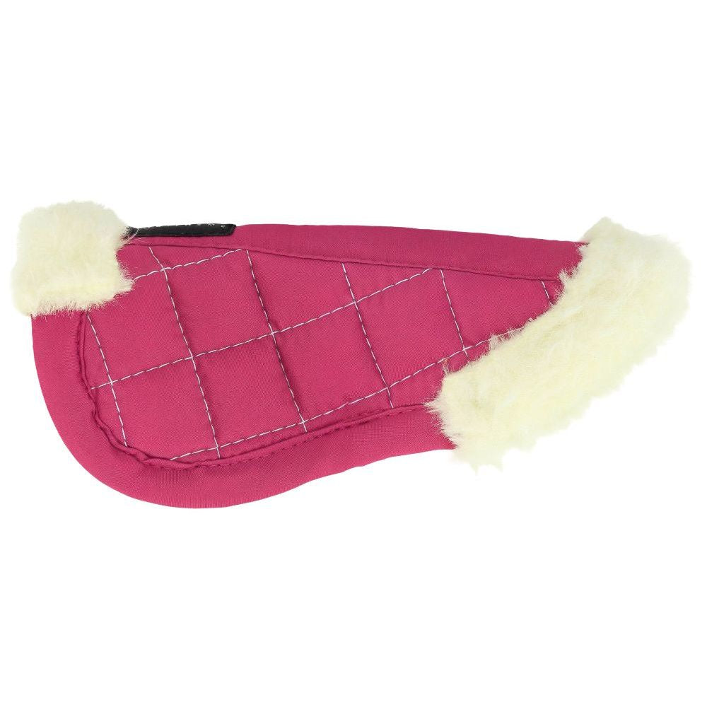 A pink quilted horse saddle pad with cream faux fur trim on the ends, shown against a plain white background.