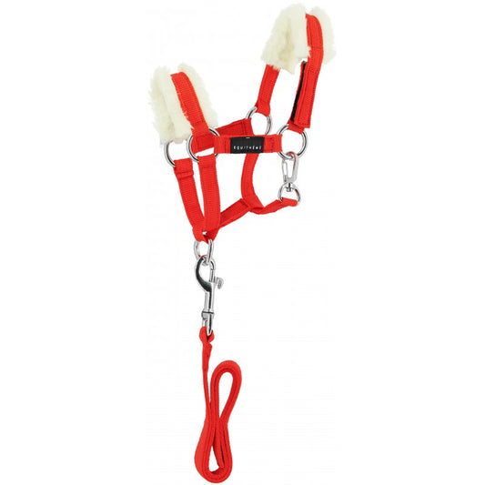 Red horse halter with white ear covers and a rope on a white background