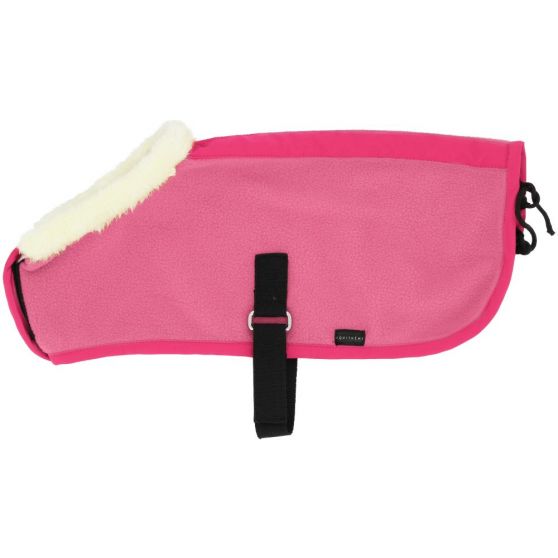 A bright pink fleece pet blanket with a cream sherpa lining on one end, a black adjustable strap with a metal buckle, and black zipper pulls on the sides, shown against a plain white background.