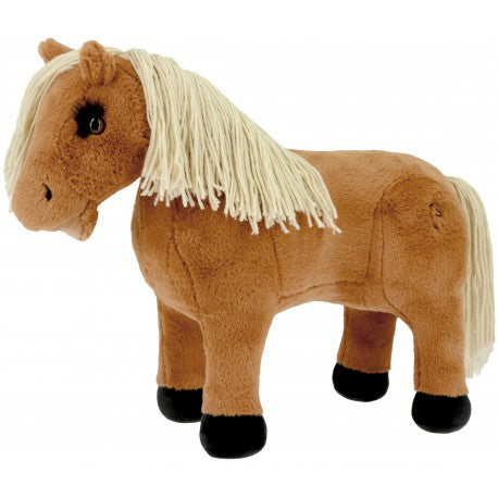 A plush toy horse in a warm brown color with a cream-colored mane and tail, and black hooves, shown against a plain white background.