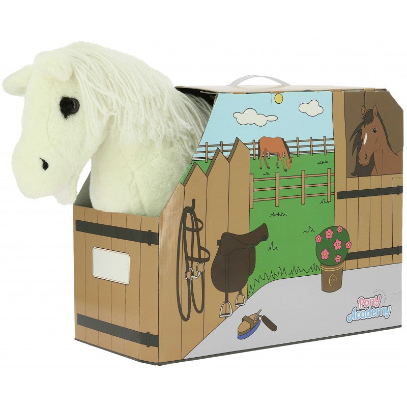 Plush horse toy inside a box with equestrian-themed graphics