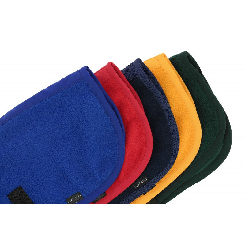 Set of five colorful fleece blankets in blue, red, navy, yellow, and green on a white background.