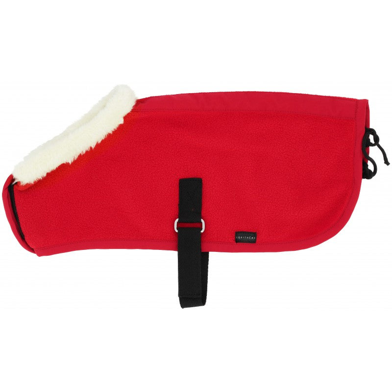 Red rug with white fur lining on a white background