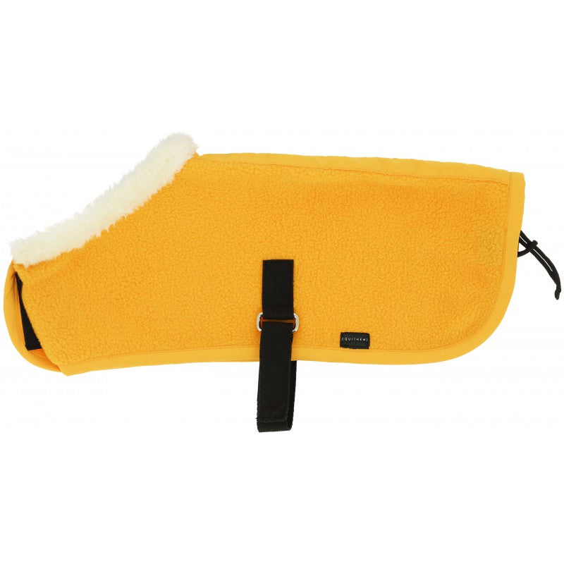 Yellow rug with white lining and black strap on a white background