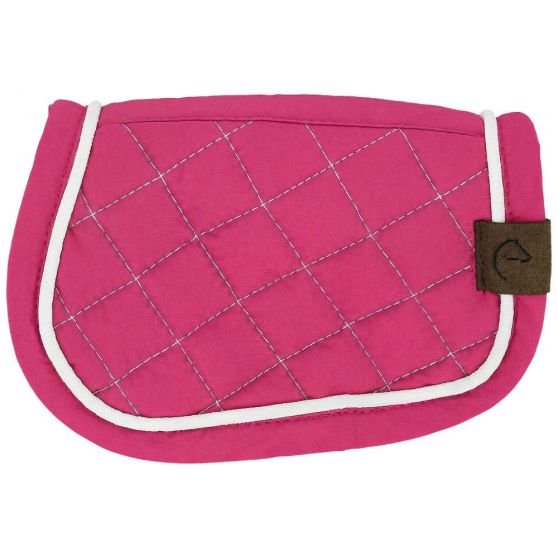 A bright pink quilted horse saddle pad with white piping trim and a small brown leather brand tag on the right side, shown against a plain white background.