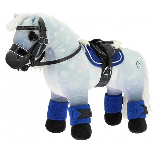 Plush toy horse with blue leg wraps and a bridle on a white background